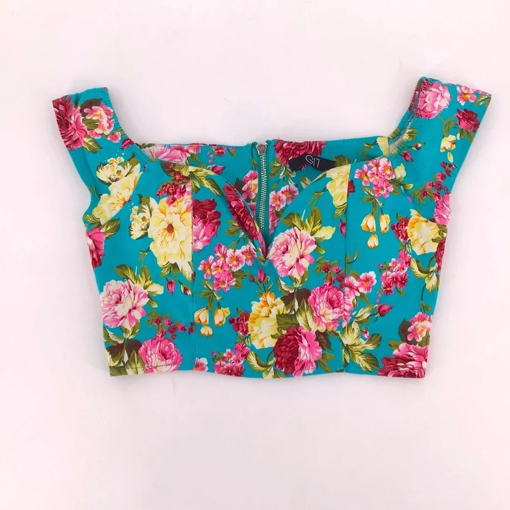 GI7 Blue Floral Print Underwire Crop Top Size Medium - Picture 2 of 9